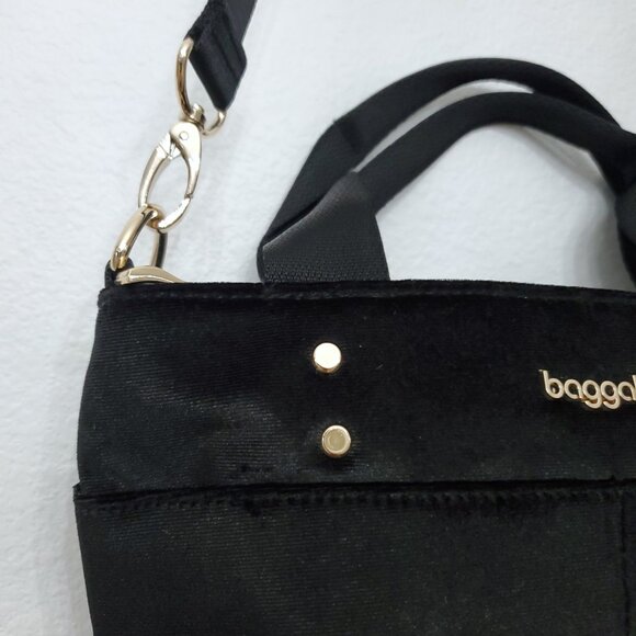 Baggallini Mini Carryall Tote Crossbody Bag Black Velvet With Gold Hardware - Picture 3 of 12